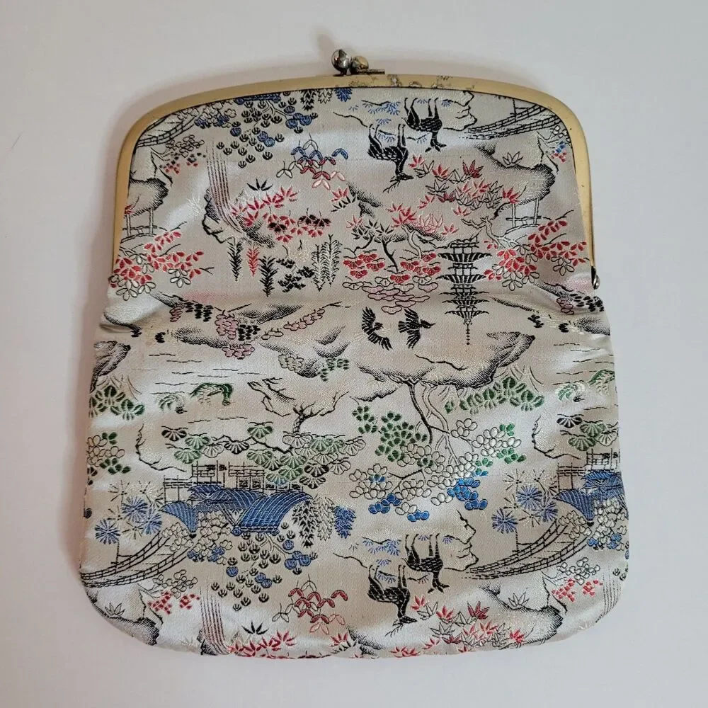 Vintage M Yamamoto & Co. Clutch Satin Brocade Kiss Lock Purse Japan Floral Kyoto